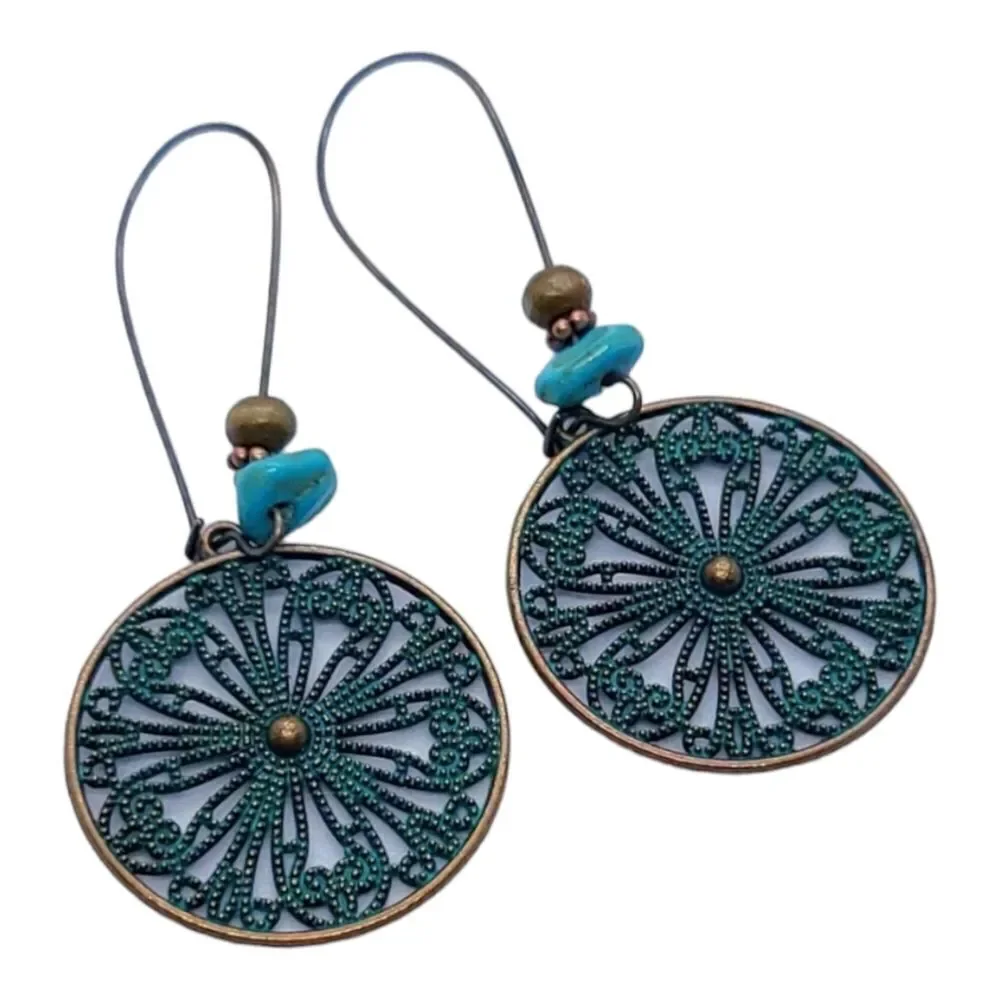 Copper Patina Filigree Earrings Boho Western Dangle Jewelry Earthy Desert Muse